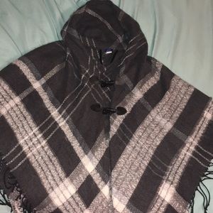 Plaid hooded poncho sweater w/ black fringe